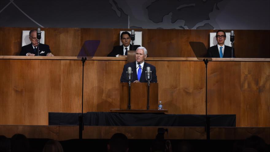 Pence ofrece un discurso en Nueva York con motivo del 70º aniversario de la resolución de la ONU que avaló la ocupación palestina, 28 de noviembre de 2017.
