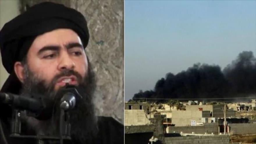 Líder del grupo terrorista EIIL, Abu Bakr al-Baghdadi, y la escena de un ataque aéreo.