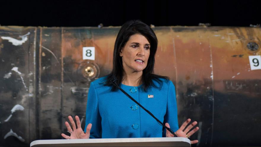 La embajadora de EE.UU. ante la ONU, Nikki Haley, durante un discurso en la base militar de Anacostia, en Washington, 14 de diciembre de 2017.