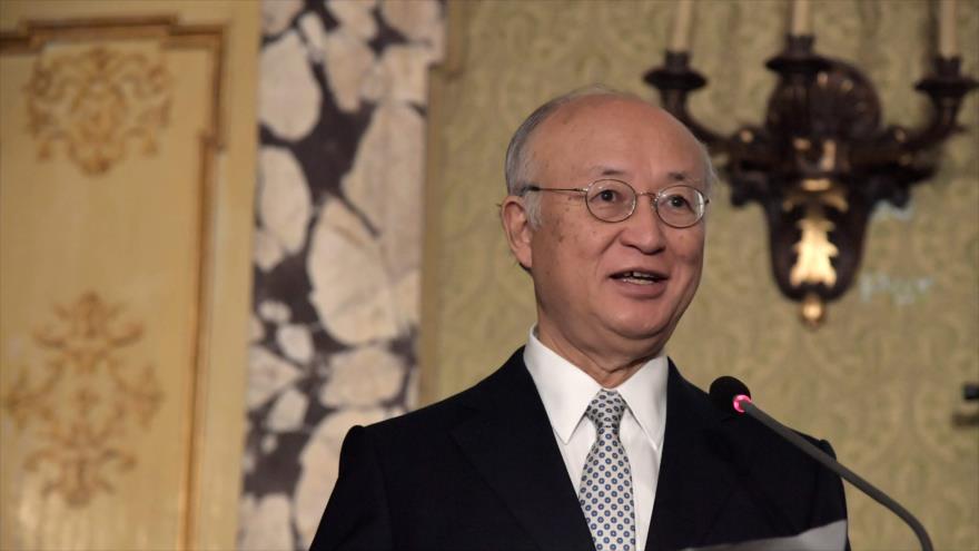 El director general de la AIEA, Yukiya Amano, pronuncia un discurso en Roma, capital italiana, 9 de octubre de 2017. 