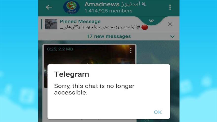 El canal llamado ‘Amad News’, bloqueado por la aplicación de Telegram por incitar a la violencia en Irán.