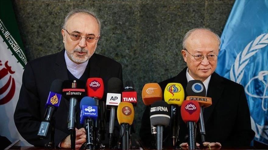 El jefe de la Organización de Energía Atómica de Irán (OEAI), Ali Akbar Salehi (izda), y el director general de la AIEA, Yukiya Amano, en una conferencia de prensa en la ONU.