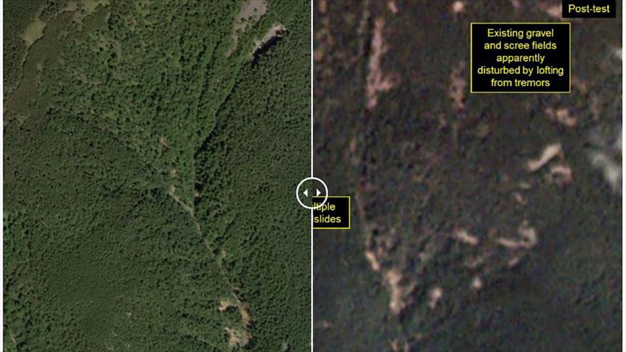 Imágenes del centro de prueba nuclear Punggye-ri antes (izda.) y después del ensayo de una bomba atómica realizada por Pyongyang el 3 de septiembre de 2017.