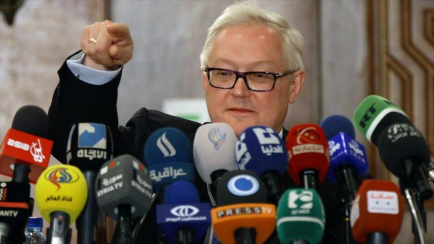 El viceministro de Asuntos Exteriores de Rusia, Serguéi Riabkov, en una conferencia de prensa en Damasco.