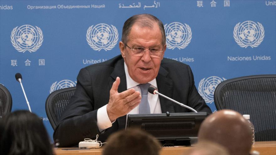 El ministro de Exteriores ruso, Serguéi Lavrov, habla en una rueda de prensa en la sede de la ONU en Nueva York (EE.UU.), 19 de enero de 2018.