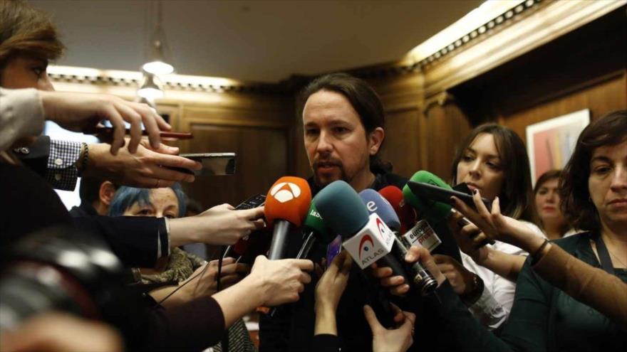 El secretario general del partido español Podemos, Pablo Iglesias, habla en una rueda de prensa en el Congreso de los Diputados, 23 de enero de 2018.