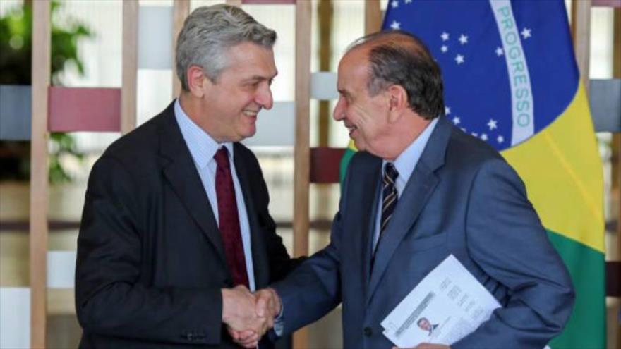 El Alto Comisionado de las Naciones Unidas (ACNUR), Filippo Grandi (izq.), y el canciller de Brasil, Aloysio Nunes, Brasilia, 19 de febrero de 2018.