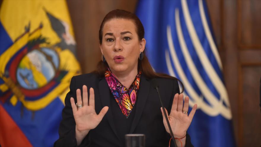 La canciller de Ecuador, María Fernanda Espinosa, en una rueda de prensa, Quito (la capital), 11 de enero de 2018.