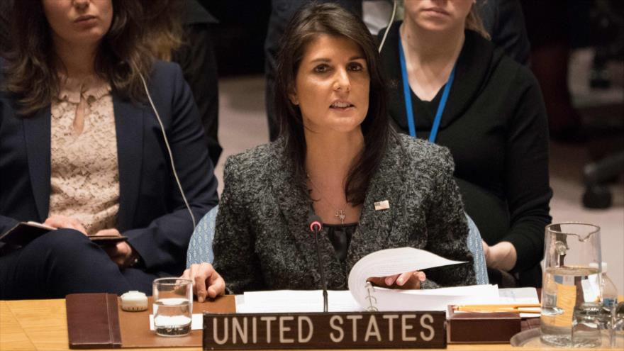 La embajadora de EE.UU. ante la ONU, Nikki Haley, habla en una sesión del Consejo de Seguridad, 24 de febrero de 2018.
