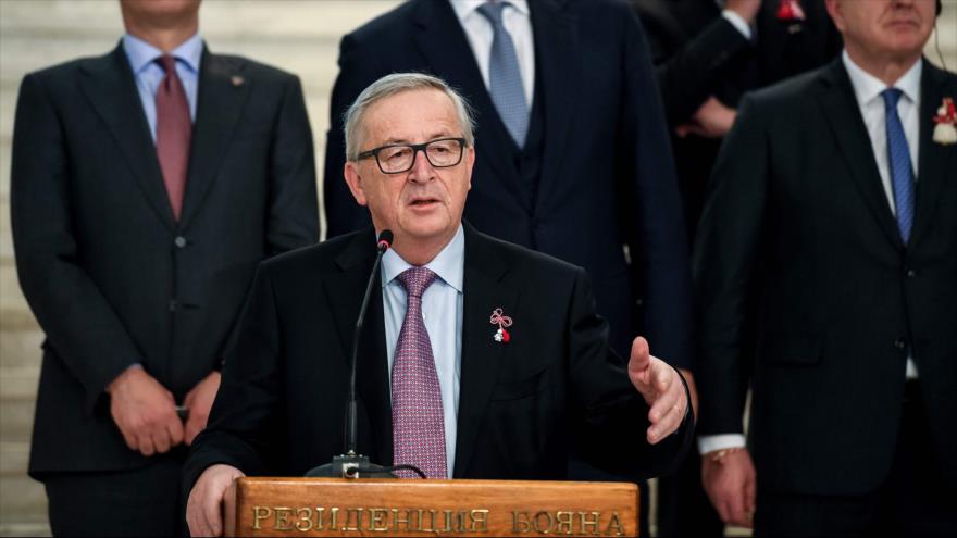 El presidente de la Comisión Europea, Jean-Claude Juncker, habla en una reunión celebrada en Sofía, la capital búlgara, 1 de marzo de 2018.