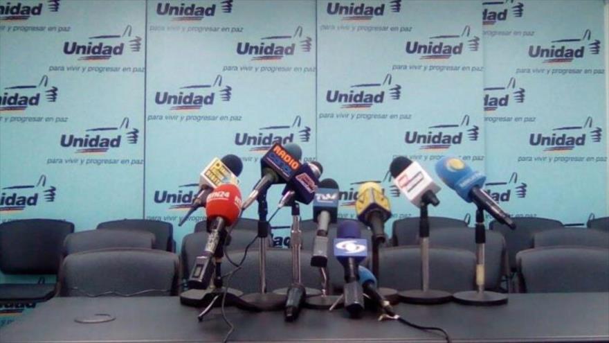 La sala de prensa de la coalición de derechas Mesa de la Unidad Democrática (MUD) de Venezuela.