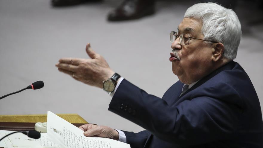 El presidente de Palestina, Mahmud Abás, habla en el Consejo de Seguridad de las Naciones Unidas (CSNU), 20 de febrero de 2018.