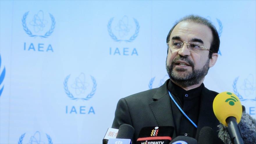 Reza Nayafi, el representante de Irán ante la Agencia Internacional de Energía Atómica (AIEA), en una rueda de prensa.