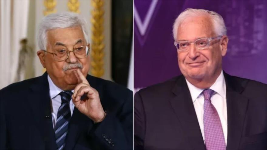 El presidente de Palestina, Mahmud Abás, y el embajador de Estados Unidos ante el régimen de Israel, David Friedman.