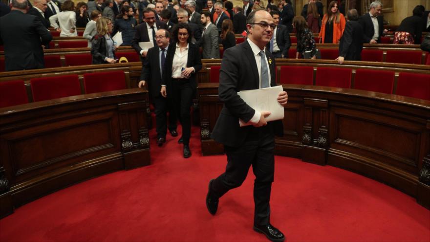 El candidato a la Presidencia de la Generalitat, Jordi Turull, durante una sesión del Parlamento catalán, 22 de marzo de 2018.