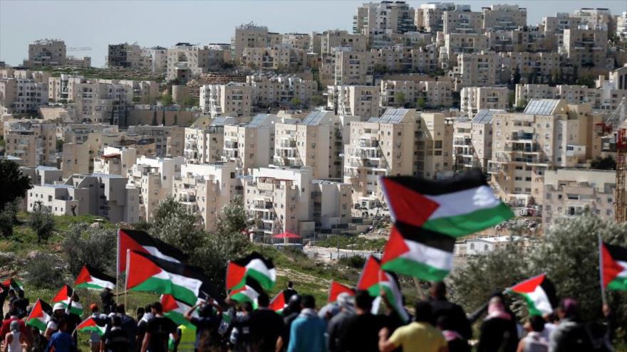 Palestinos se manifiestan cerca de una colonia israelí en la Cisjordania ocupada.