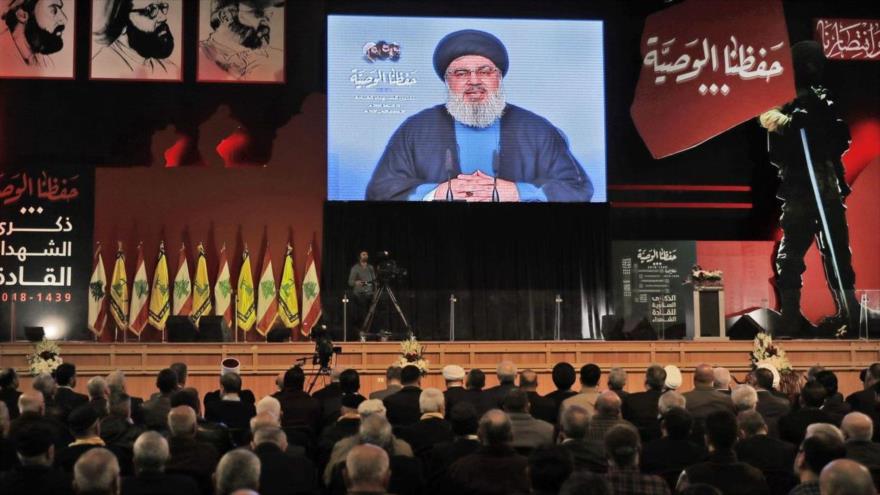 El líder Hezbolá, Seyed Hasan Nasrolá, ofrece un discurso televisado desde Beirut, la capital libanesa, 16 de febrero de 2018.