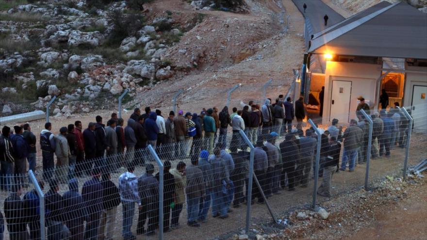Los trabajadores palestinos esperan pasar por un puesto de control del régimen israelí.