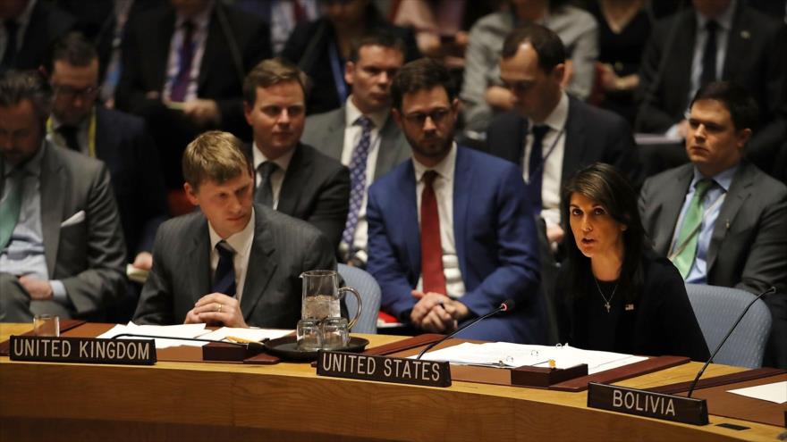 La embajadora de EE.UU. ante el Consejo de Seguridad, Nikki Haley, en una sesión del organismo, 14 de marzo de 2018.