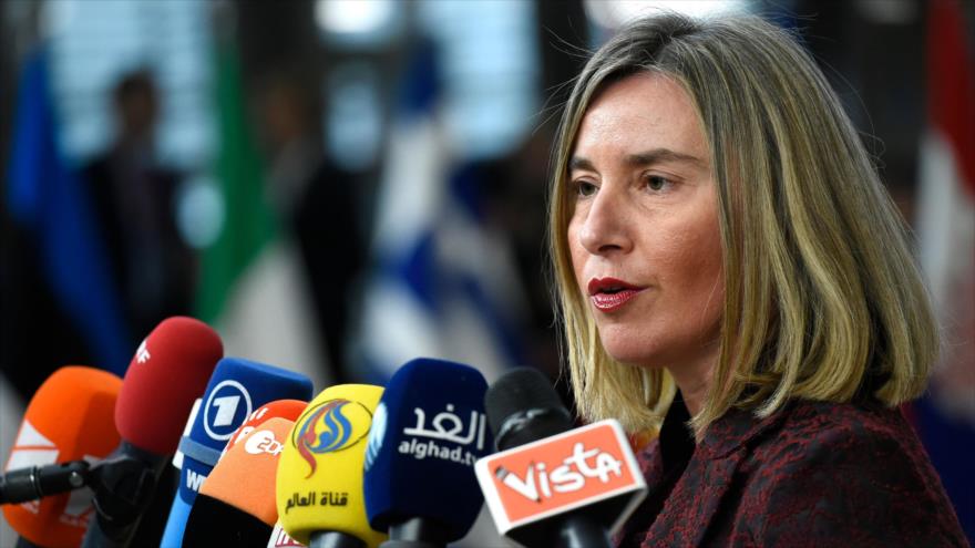 La jefa de la Política Exterior europea, Federica Mogherini, durante una rueda de prensa, 22 de marzo de 2018.
