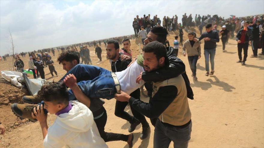 Palestinos llevan en volandas a un joven herido por el régimen israelí durante las protestas en la Franja de Gaza, 31 de marzo de 2018.