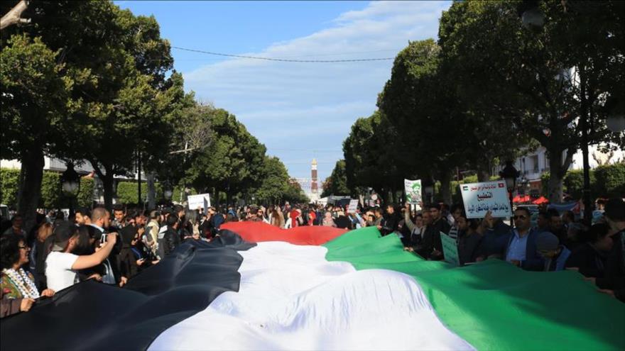 Manifestantes tunecinos llevan una bandera grande de Palestina en Túnez, capital del país homónimo.