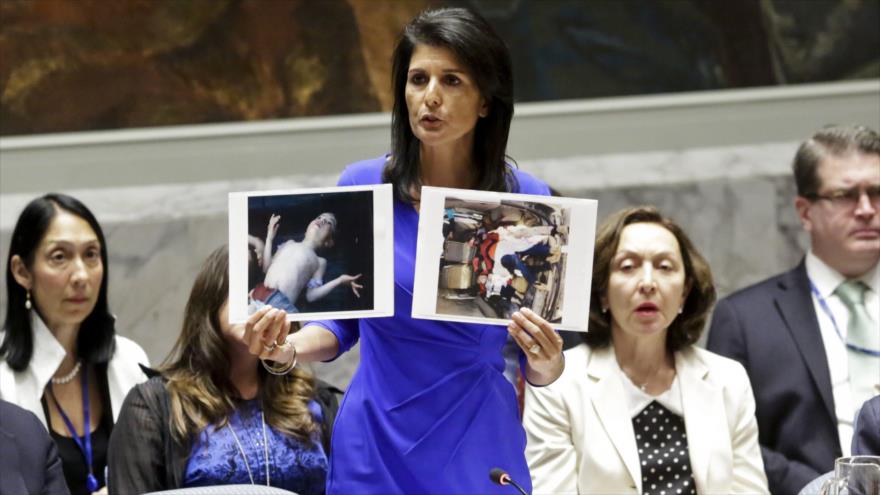 La embajadora de EE.UU. ante la Organización de Naciones Unidas (ONU), Nikki Haley, habla del ataque químico en Siria, 4 de abril de 2018.