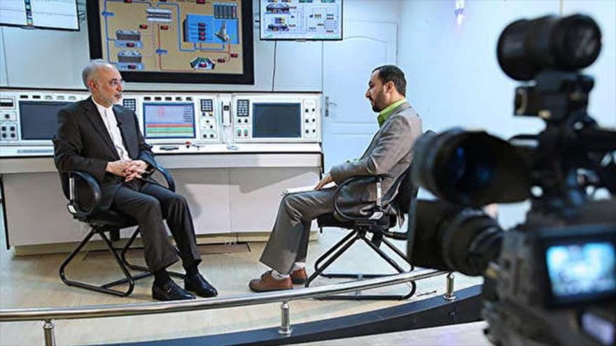 El jefe de la Organización de Energía Atómica de Irán (OEAI), Ali Akbar Salehi (izda.), durante una entrevista con el medio estatal IRIB en Teherán.