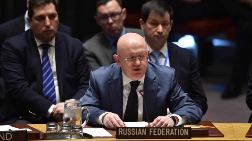 El embajador ruso ante la Organización de las Naciones Unidas (ONU), Vasili Nebenzia, en la reunión sobre Siria en Nueva York, 13 de abril de 2018.
