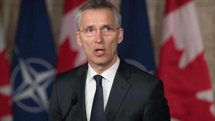 El secretario general de la Organización del Tratado del Atlántico Norte (OTAN), Jens Stoltenberg, habla en una rueda de prensa, 4 de abril de 2018.