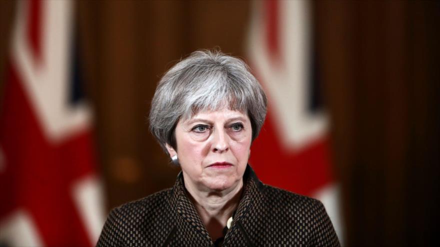 La primera ministra británica, Theresa May, ofrece una conferencia de prensa en Londres tras el ataque contra Siria, 14 de abril de 2018.