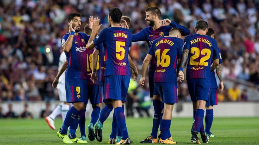 Los jugadores del equipo FC Barcelona en el partido con el Leganés, 7 de abril de 2018.