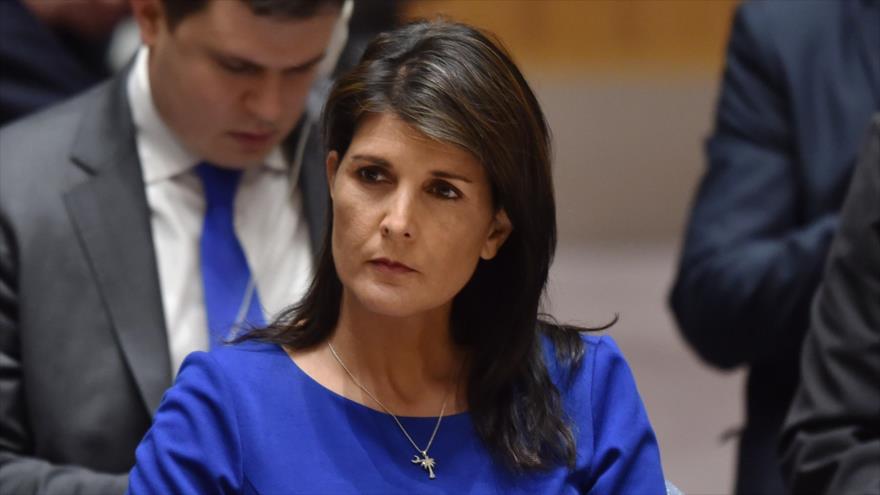 La embajadora estadounidense ante la Organización de las Naciones Unidas (ONU), Nikki Haley, en el CSNU, 14 de abril de 2018.