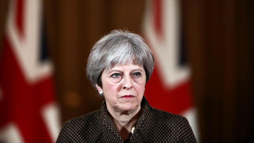 La primera ministra británica, Theresa May, ofrece una rueda de prensa en Londres (capital), 14 de abril de 2018.