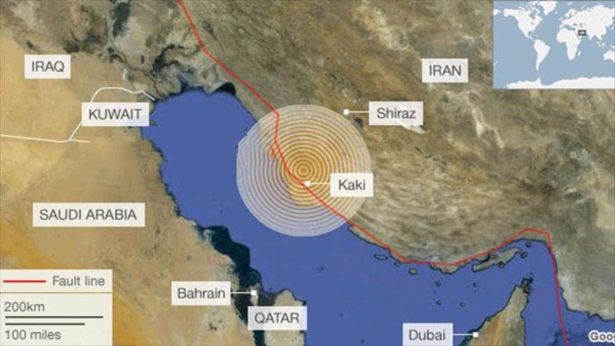 El mapa muestra el epicentro del terremoto cerca de la ciudad de Kaki, en el sur de Irán.