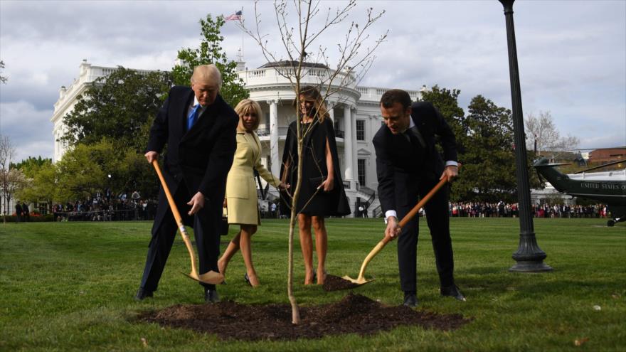 El presidente de EE.UU., Donald Trump (izda.), y su homólogo francés, Emmanuel Macron, plantan un roble en la Casa Blanca, 23 de abril de 2018.