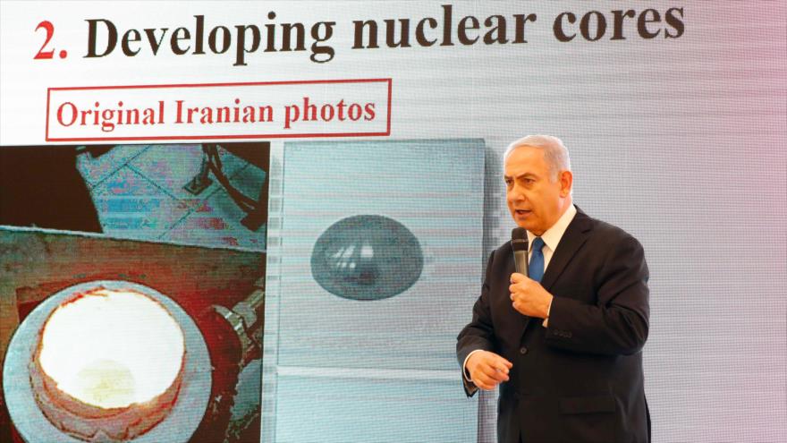 El primer ministro israelí, Benyamin Netanyahu, pronuncia un discurso sobre el programa de energía nuclear de Irán en Tel Aviv, 30 de abril de 2018.