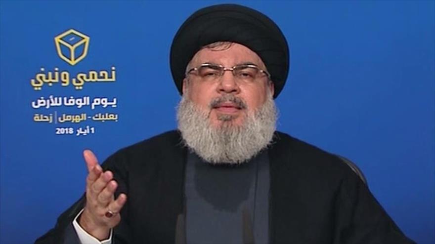 El secretario general del Movimiento de Resistencia Islámica de El Líbano (Hezbolá), Seyed Hasan Nasrolá, ofrece un discurso televisado.
