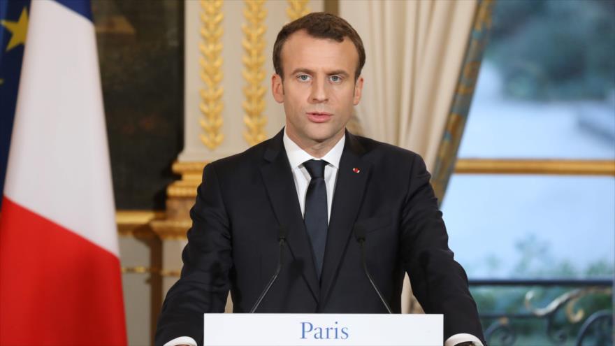 El presidente de Francia, Emmanuel Macron, en una rueda de prensa en el palacio de Elíseo, 16 de marzo de 2018.