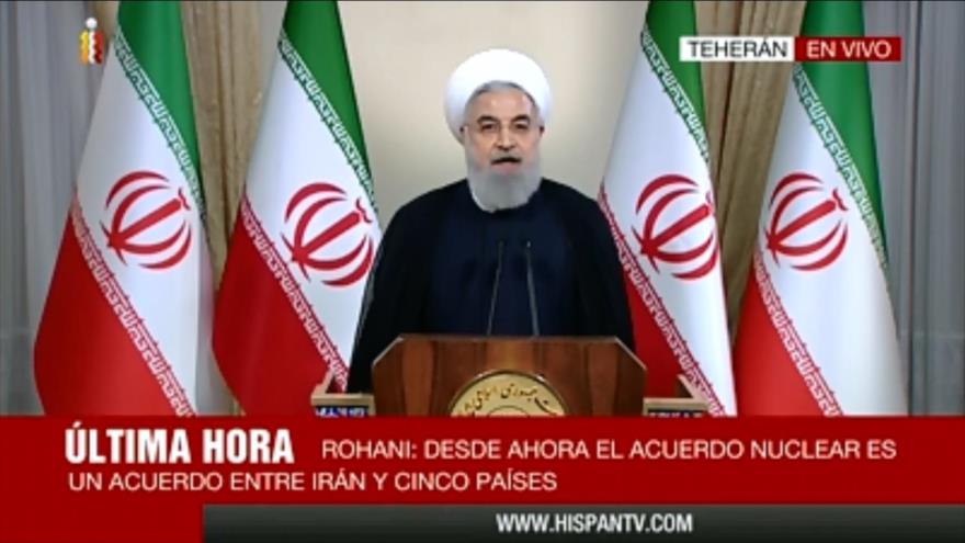 El presidente de Irán, Hasan Rohani, durante un discurso televisivo, 8 de mayo de 2018.