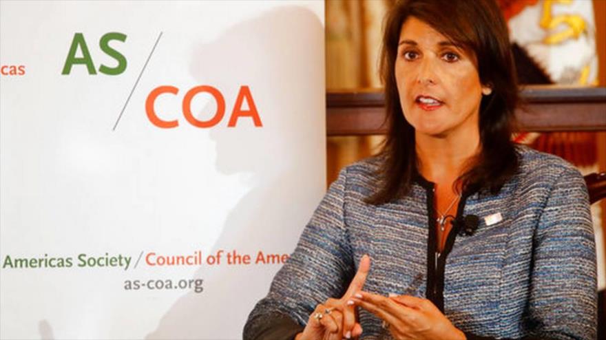 La embajadora de EE.UU. ante la Organización de las Naciones Unidas (ONU), Nikki Haley, habla en Washington DC, 8 de mayo de 2018.