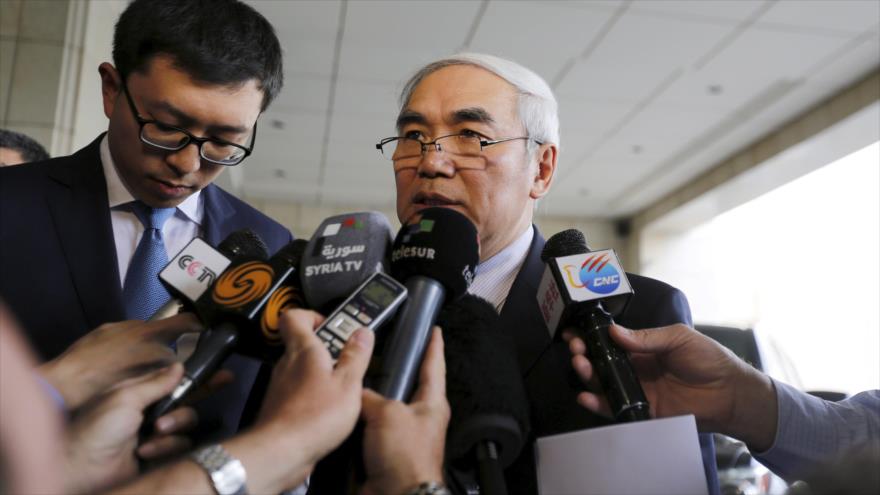 El enviado especial chino para Siria, Xie Xiaoyuanm, habla ante periodistas en el país árabe.