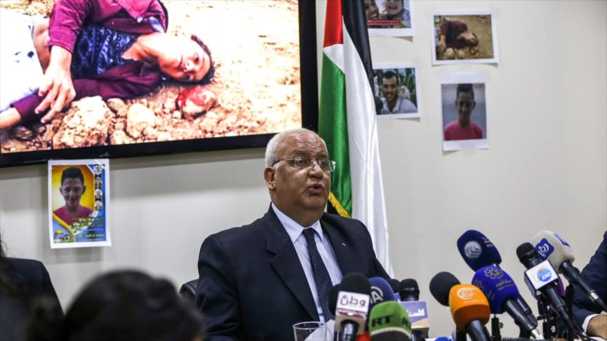 Saeb Erekat, secretario general de la Organización de Liberación de Palestina, durante una conferencia de prensa, 21 de abril de 2018.