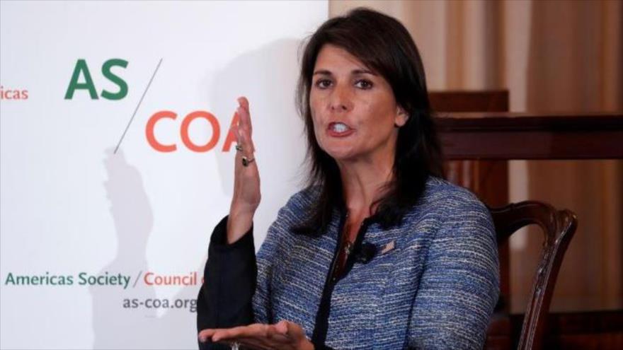 La embajadora de EE.UU. ante la ONU, Nikki Haley, pronuncia un discurso durante un evento en Washington, 8 de mayo de 2018.