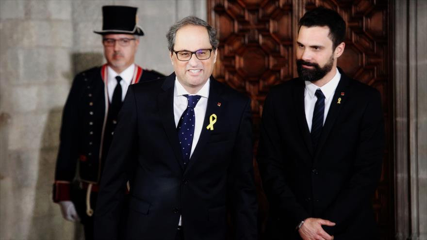 El presidente catalán, Quim Torra (centro), 17 de mayo de 2018.