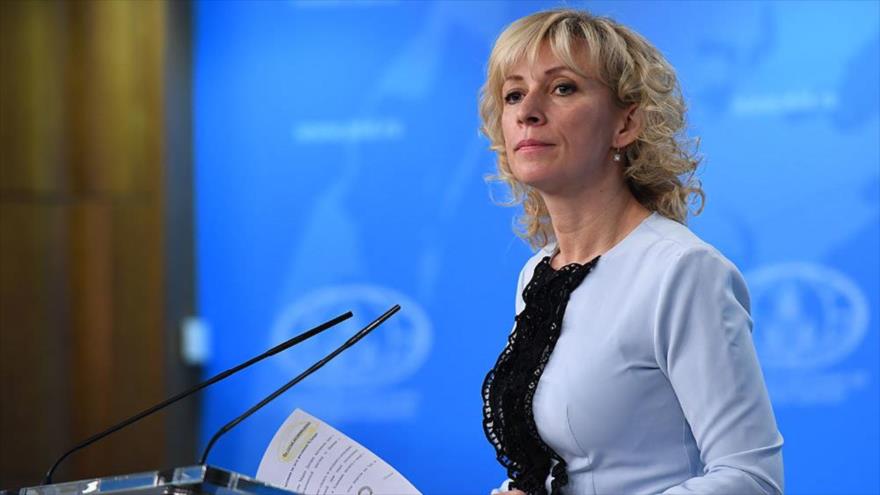 La portavoz del Ministerio de Asuntos Exteriores de la Federación Rusa, María Zajárova, en una rueda de prensa en el Kremlin, en Moscú (capital).