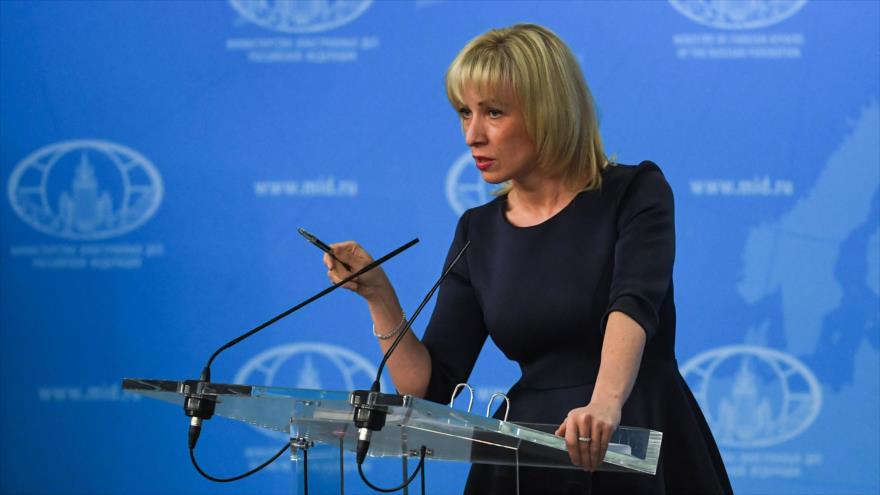 La portavoz de la Cancillería de Rusia, María Zajárova, durante una rueda de prensa.