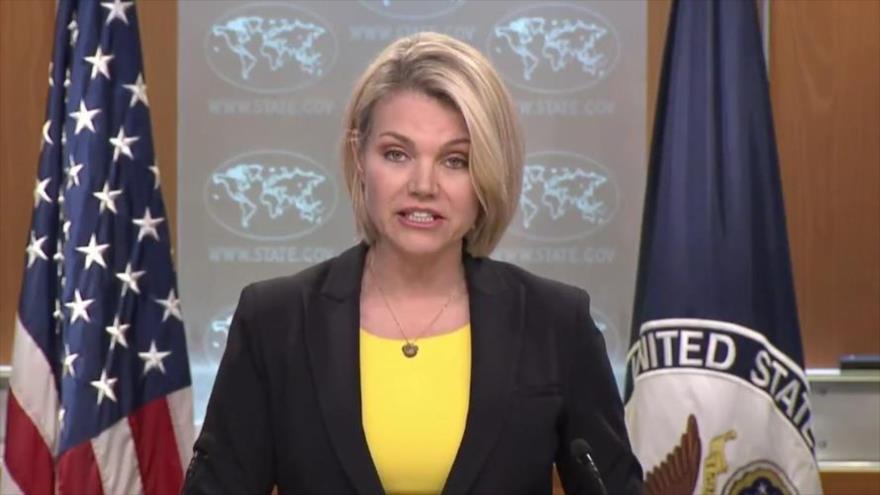 La portavoz del Departamento de Estado de Estados Unidos, Heather Nauert, da una rueda de prensa.