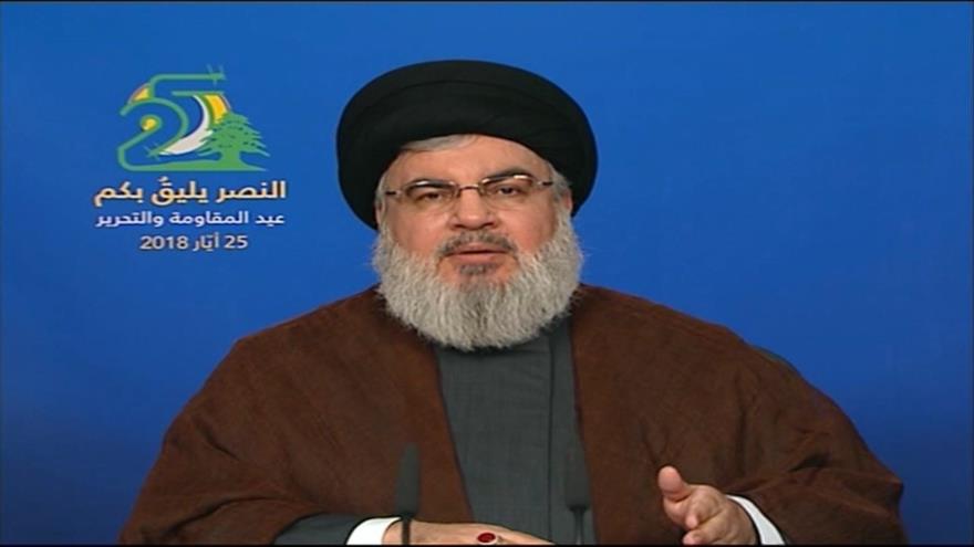 El líder de Hezbolá, Seyed Hasan Nasralá, ofrece un discurso transmitido en vivo por la televisión libanesa, 25 de mayo de 2018.