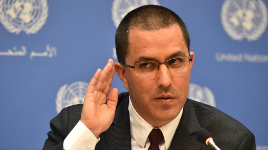 El ministro de Relaciones Exteriores de Venezuela, Jorge Arreaza, durante una conferencia de prensa en las Naciones Unidas, 25 de abril de 2018.